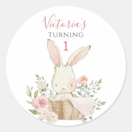 Pegatina Redonda Conejito Rosa Bonito Cumpleaños 1 Uno
