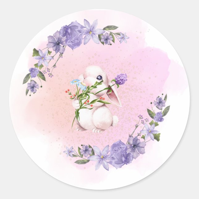 Pegatina Redonda Conejito y flores (Anverso)