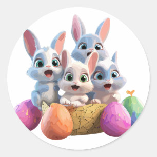 Pegatina Redonda Conejitos asombrosos entre huevos de Pascua
