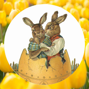 Pegatina Redonda Conejitos de Pascua Victorianos Antiguos en un Hue