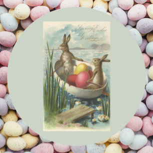 Pegatina Redonda Conejitos de Pascua vintage en un barco con huevos