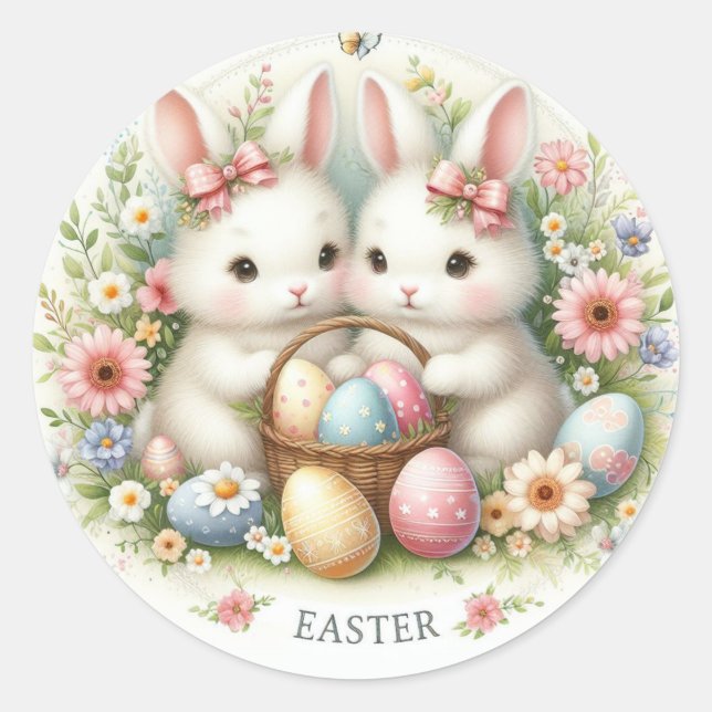 Pegatina Redonda Conejitos dulces de Pascua (Anverso)