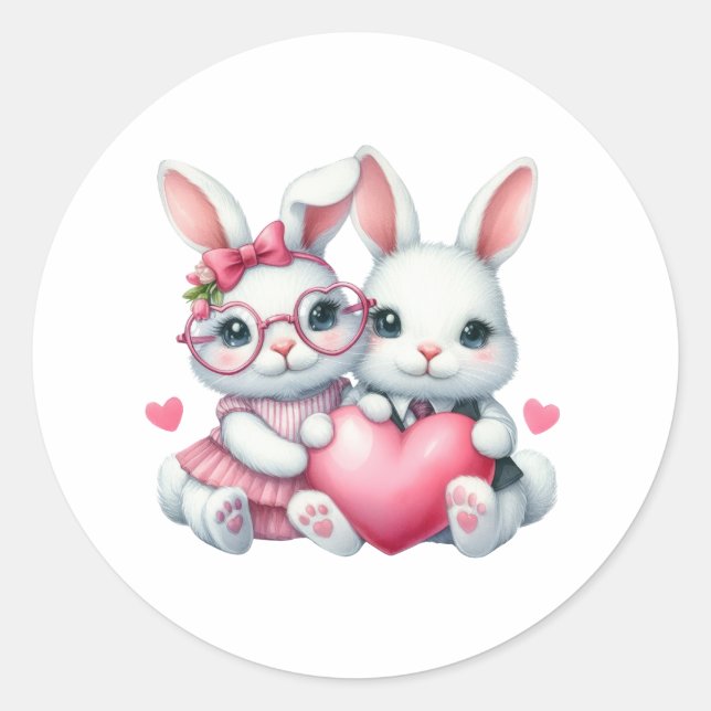 Pegatina Redonda Conejitos lindos compartiendo un corazón (Anverso)