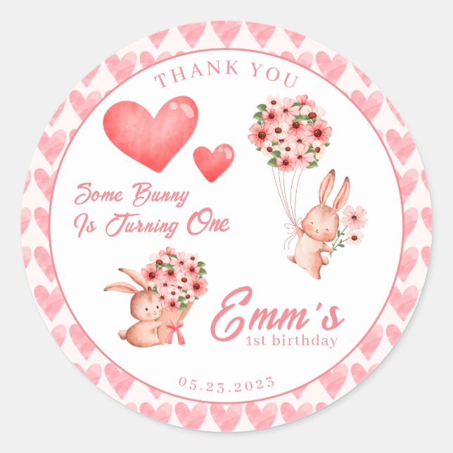 Pegatina Redonda Conejo acuático rosas rosadas de Pascua y Corazón (Anverso)