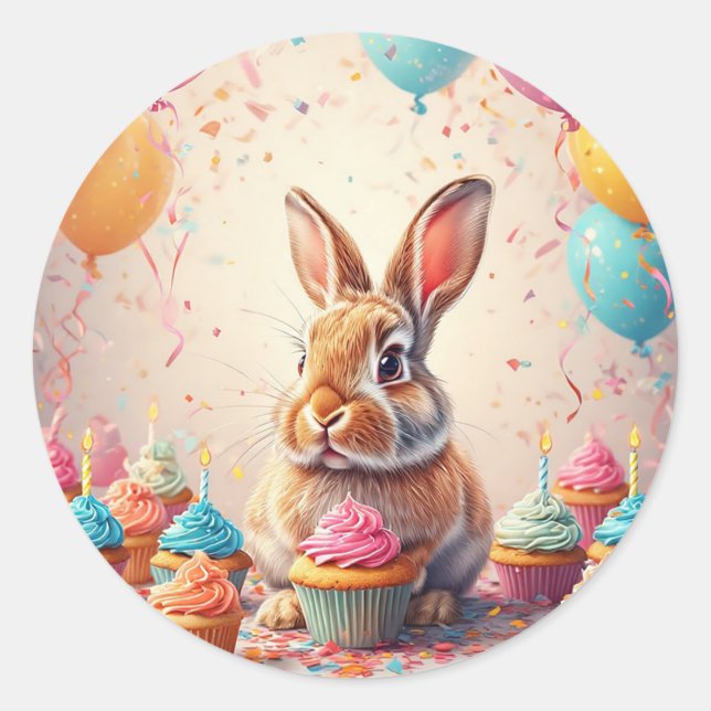 Pegatina Redonda Conejo Alegre con Cupcakes 🎉 Celebración Adorable (Anverso)