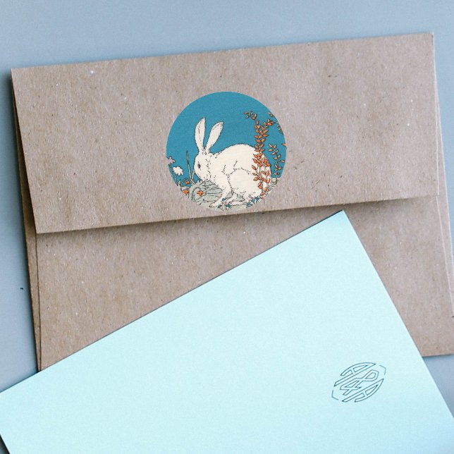 Pegatina Redonda Conejo Blanco Vintage Elegante (Fluffy white bunny sitting in orange and white flowers on blue paper sticker.)