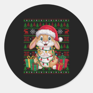 Pegatina Redonda Conejo Bunny Luces de Navidad Gorro de Santa Feo B