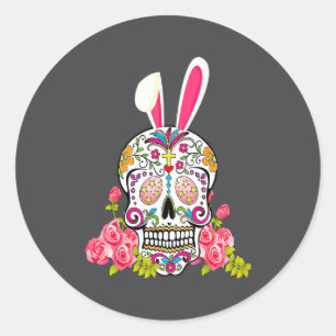 Pegatina Redonda Conejo Calavera de Azúcar Feliz Pascua Mexicana Co