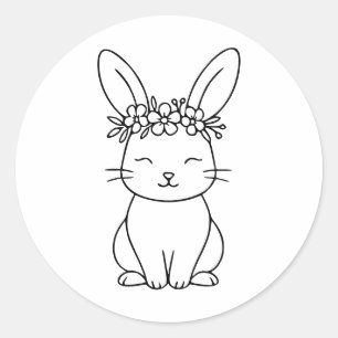 Pegatina Redonda Conejo caprichoso con corona floral arte de línea
