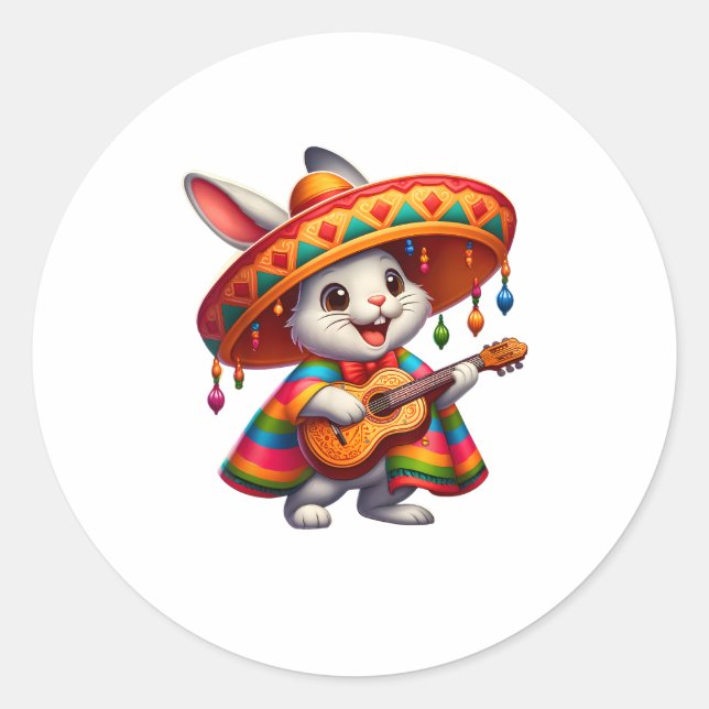 Pegatina Redonda Conejo Cinco de Mayo con Sombrero Mexicano (Anverso)