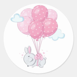 Pegatina Redonda Conejo conejo con globos rosados