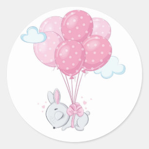 Pegatina Redonda Conejo conejo con globos rosados