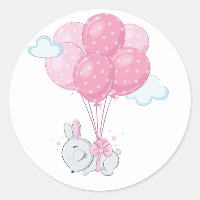 Pegatina Redonda Conejo conejo con globos rosados (Anverso)