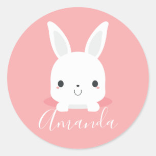 Pegatina Redonda Conejo conejo conejito rosado con nombre personali