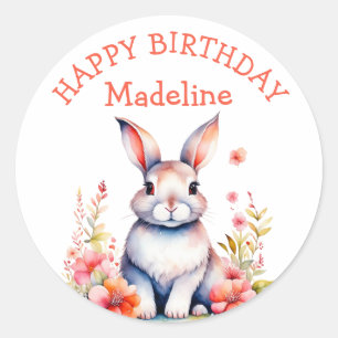 Pegatina Redonda Conejo conejo conejo en flores Feliz cumpleaños pe