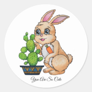 Pegatina Redonda Conejo De Acuarela Y Cactus Cute