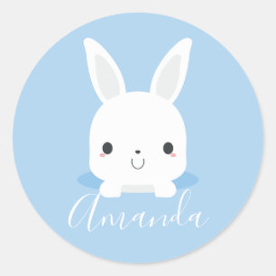 Pegatina Redonda Conejo de conejito azul con nombre personalizado