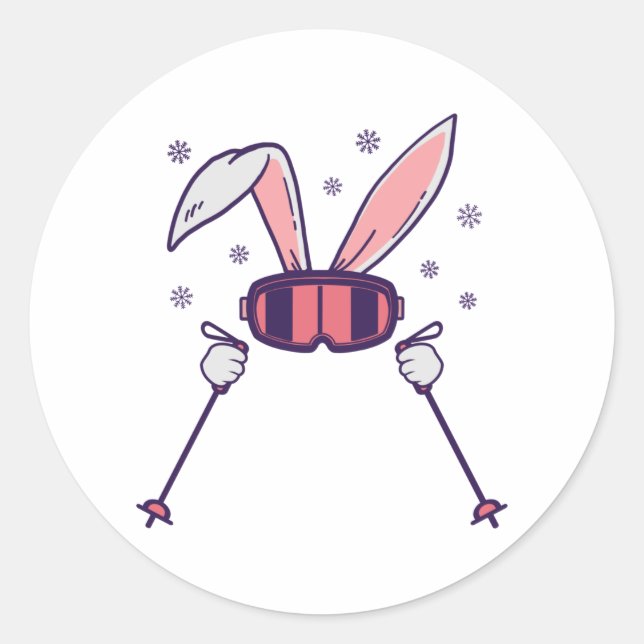 Pegatina Redonda Conejo de esquí con bastones de esquí y gafas de e (Anverso)
