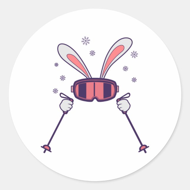 Pegatina Redonda Conejo de esquí con bastones de esquí y gafas de e (Anverso)