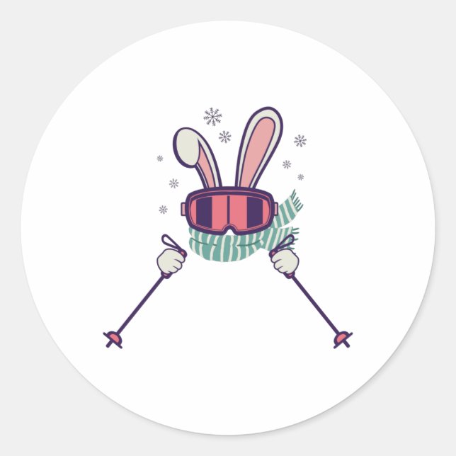 Pegatina Redonda Conejo de esquí con bastones de esquí y gafas de e (Anverso)