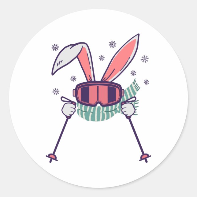 Pegatina Redonda Conejo de esquí con polos de esquí, gafas de esquí (Anverso)