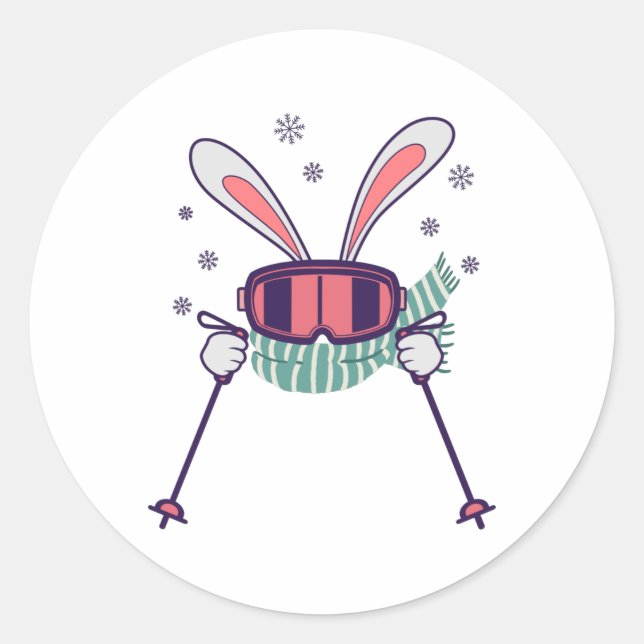 Pegatina Redonda Conejo de esquí con polos de esquí, gafas de esquí (Anverso)