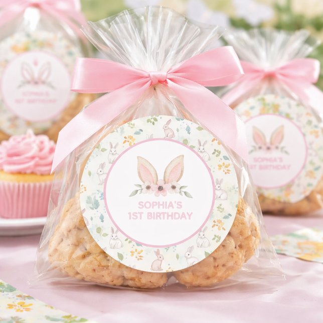 Pegatina Redonda Conejo de flores pastel orejas niñas Cumpleaños Fa (bunny ears girls 1st first birthday)