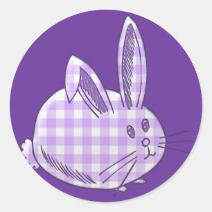 Pegatina Redonda conejo de gingham púrpura