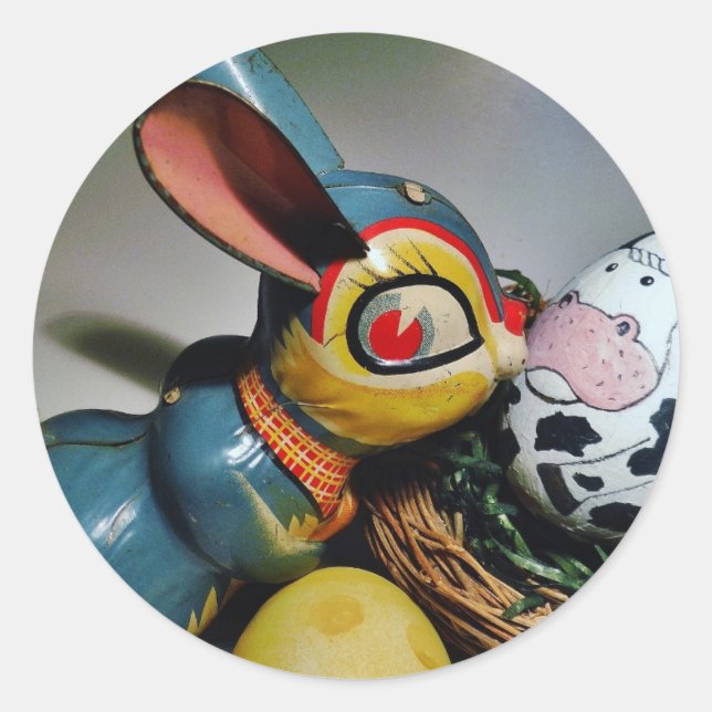 Pegatina Redonda Conejo de juguetes y huevo de vaca (Anverso)