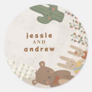 Pegatina Redonda conejo de oso cactus woodland unisex Baby Shower