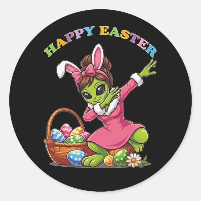 Pegatina Redonda Conejo de Pascua Alien Divertido Dabbing Huevo de  (Anverso)