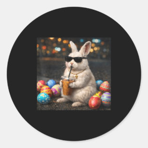 Pegatina Redonda conejo de Pascua bebiendo café helado hombres cone