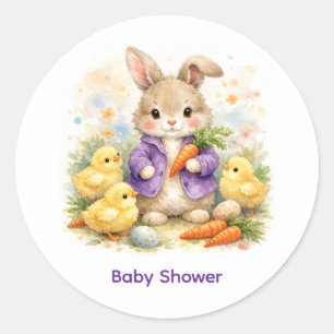 Pegatina Redonda Conejo de Pascua Chaqueta Morada Baby Shower