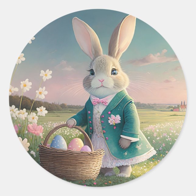 Pegatina Redonda Conejo de Pascua con chaqueta azul (Anverso)
