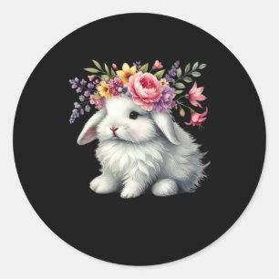 Pegatina Redonda Conejo de Pascua con corona floral de flores Chica