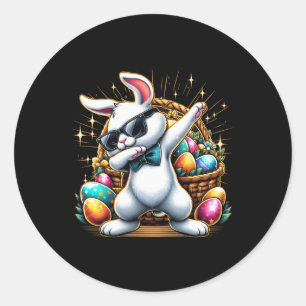 Pegatina Redonda Conejo de Pascua con Dabbing Cazando Huevos de Pas