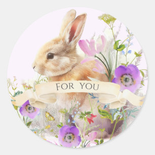 Pegatina Redonda Conejo de Pascua con flores silvestres