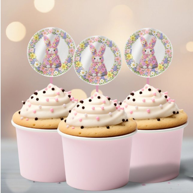 Pegatina Redonda Conejo de Pascua de Flor Dulce (Sweet Flower Bunny Rabbit Easter Classic Round Stickers by Ricaso. Spring floral wreath and bunny)
