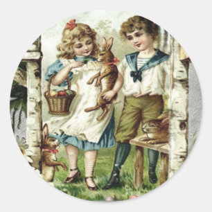 Pegatina Redonda Conejo de Pascua de niños victorianos Pollito Huev