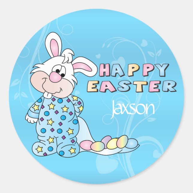 Pegatina Redonda Conejo de Pascua en Baby Blue (Anverso)