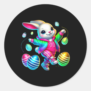Pegatina Redonda Conejo De Pascua En Hoodie Con Huevos