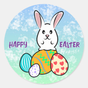 Pegatina Redonda Conejo de Pascua en huevos de Pascua