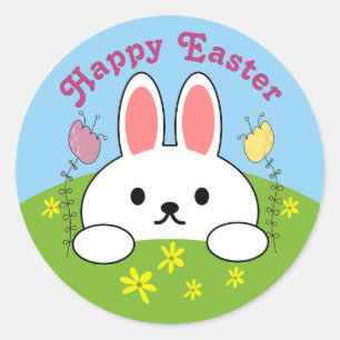 Pegatina Redonda Conejo de Pascua Feliz