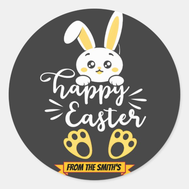 Pegatina Redonda Conejo de Pascua Feliz con pinturas amarillas (Anverso)