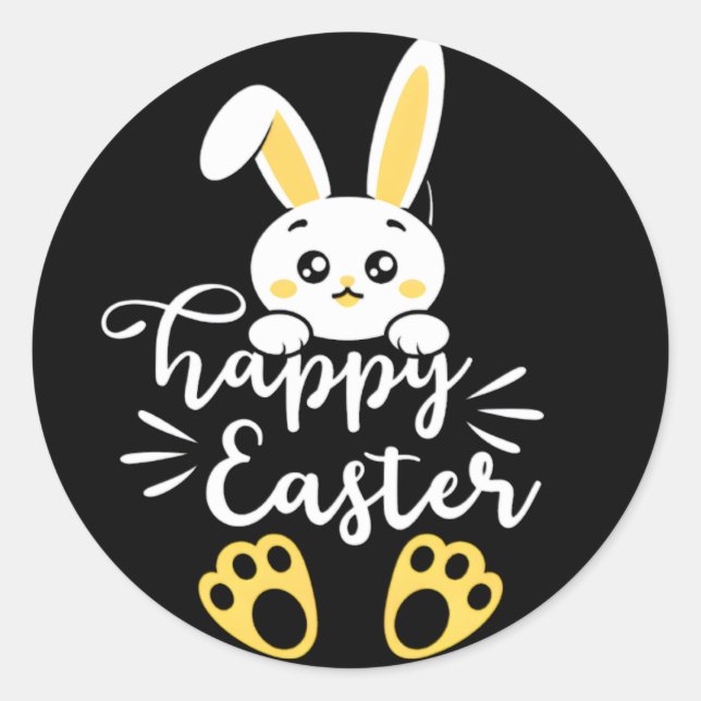 Pegatina Redonda Conejo de Pascua Feliz con pinturas amarillas (Anverso)