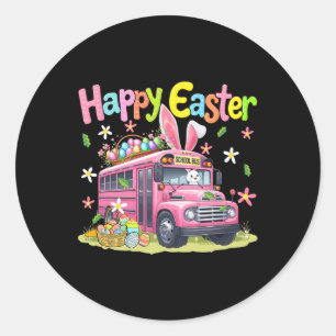 Pegatina Redonda Conejo de Pascua Feliz Conduciendo Autobús Escolar