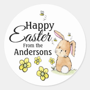 Pegatina Redonda Conejo de Pascua Feliz Personalizado 