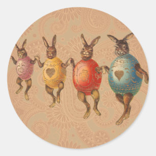 Pegatina Redonda Conejo de Pascua Huevos Bailando