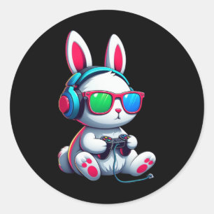 Pegatina Redonda Conejo de Pascua Jugador de Videojuegos Hombres Ni