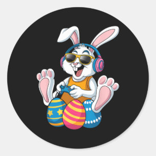 Pegatina Redonda Conejo de Pascua Jugador Divertido Video Juegos Ch